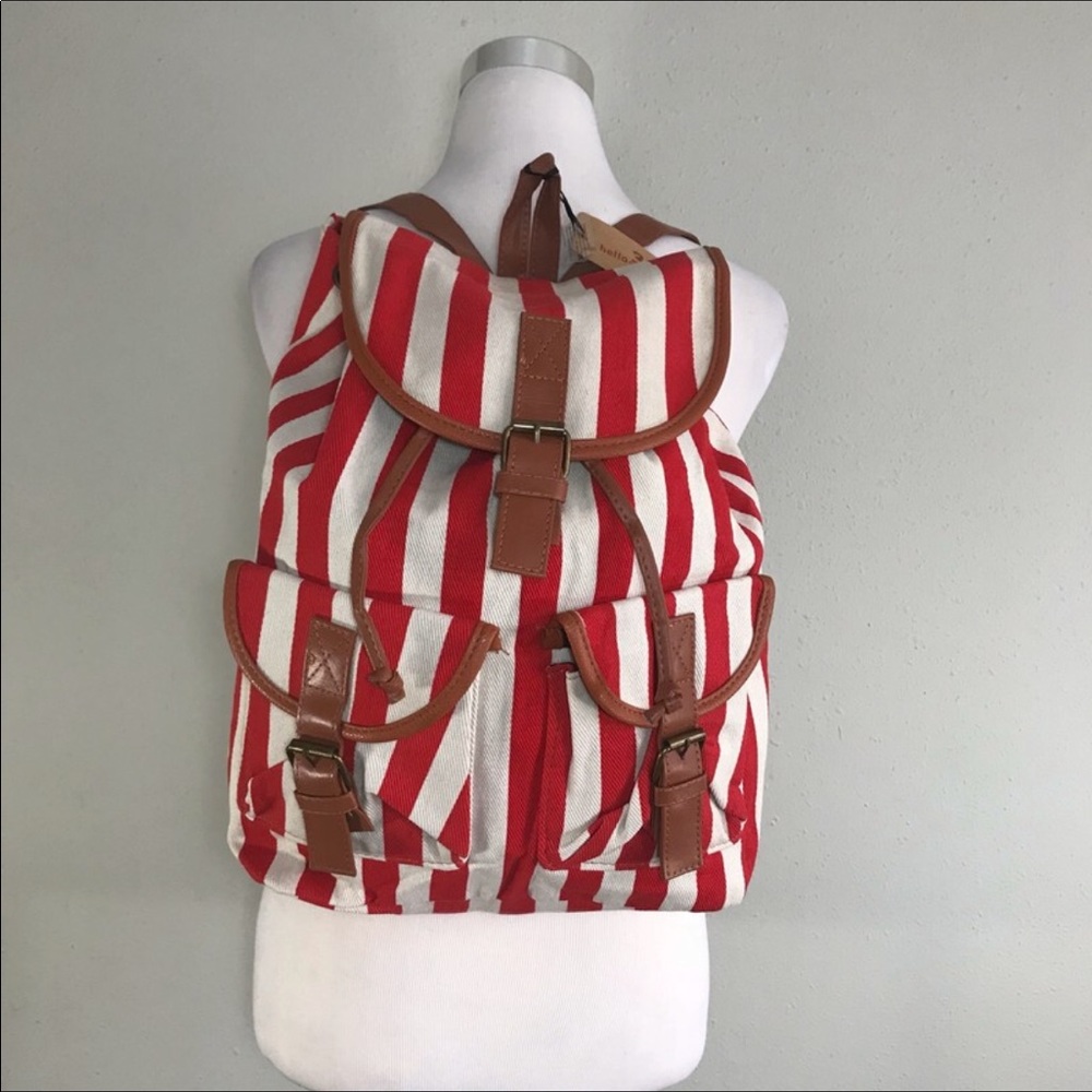 Red and cream print stripe backpack